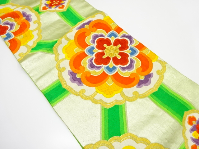 JAPANESE KIMONO / ANTIQUE FUKURO OBI / SILK / WOVEN FLORAL CREST